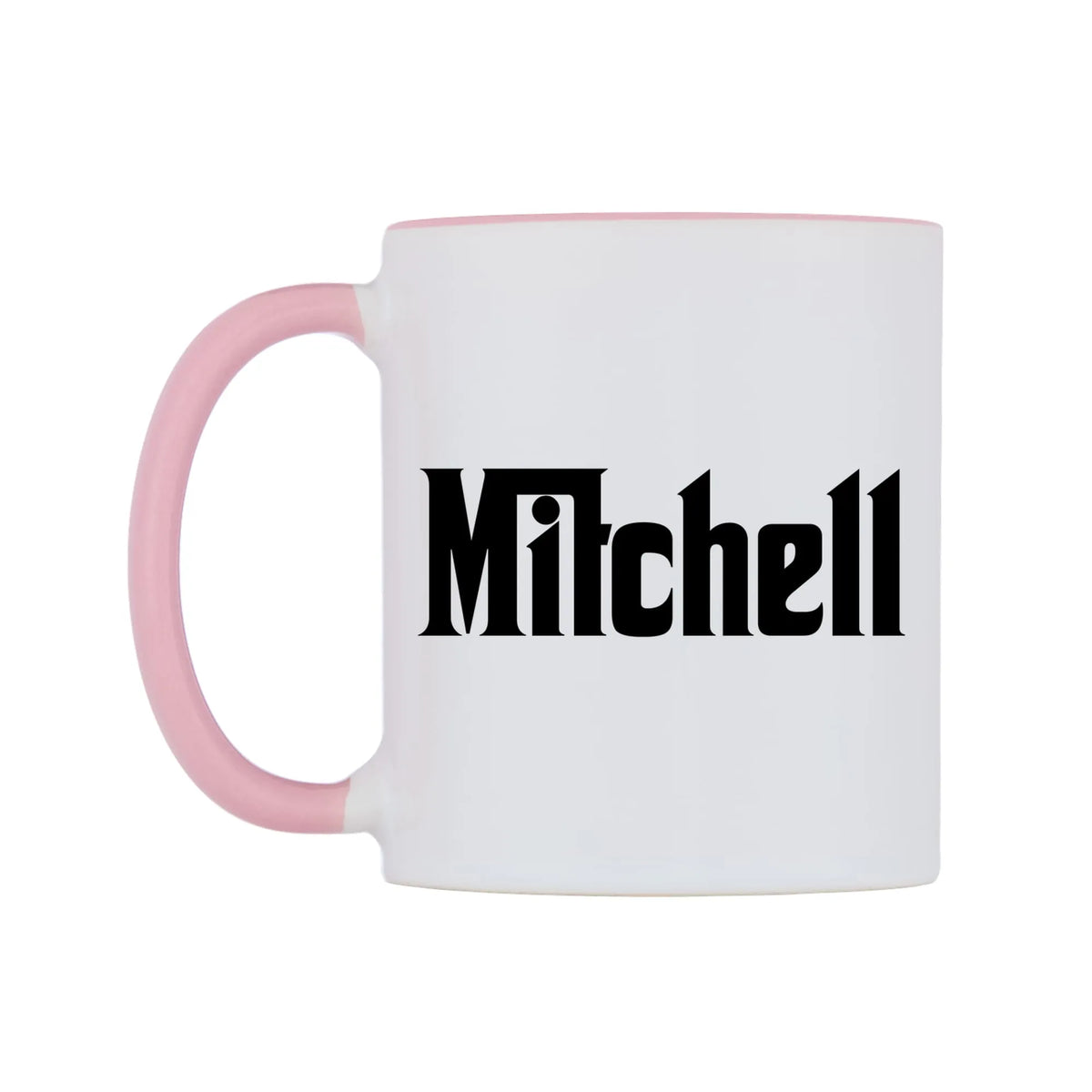 Mitchell - Godfather Themed Mug — white 11oz gloss mug with a pink inside and handle, right side, on a white background