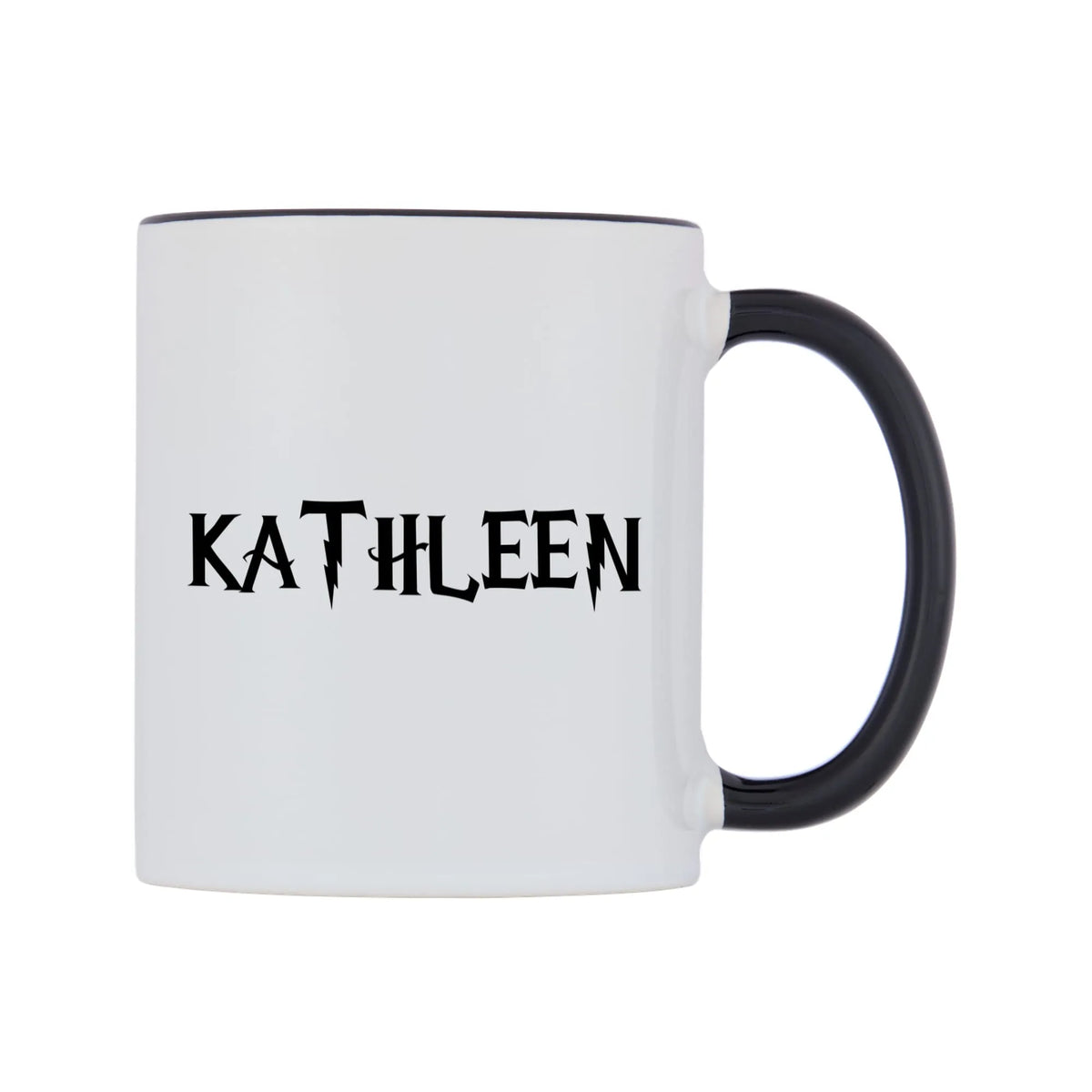 Kathleen - Wizard Themed Mug — white 11oz gloss mug with a black inside and handle, left side, on a white background