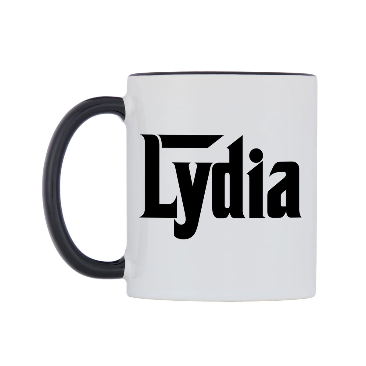 Lydia - Godfather Themed Mug — white 11oz gloss mug with a black inside and handle, right side, on a white background