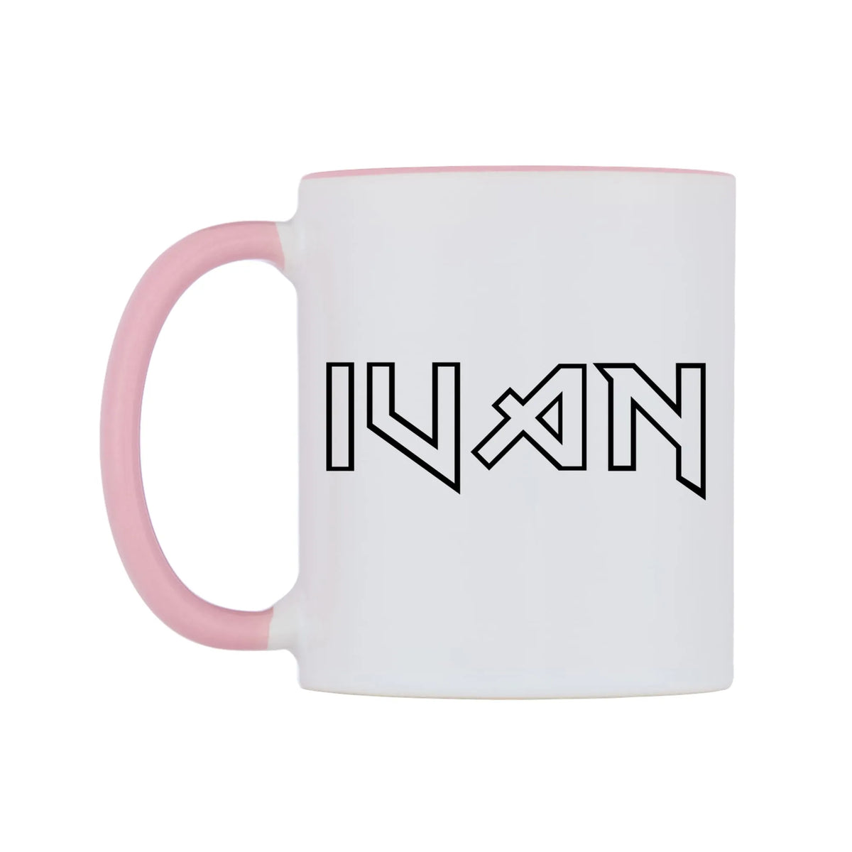 Ivan - Iron Maiden Themed Mug — white 11oz gloss mug with a pink inside and handle, right side, on a white background
