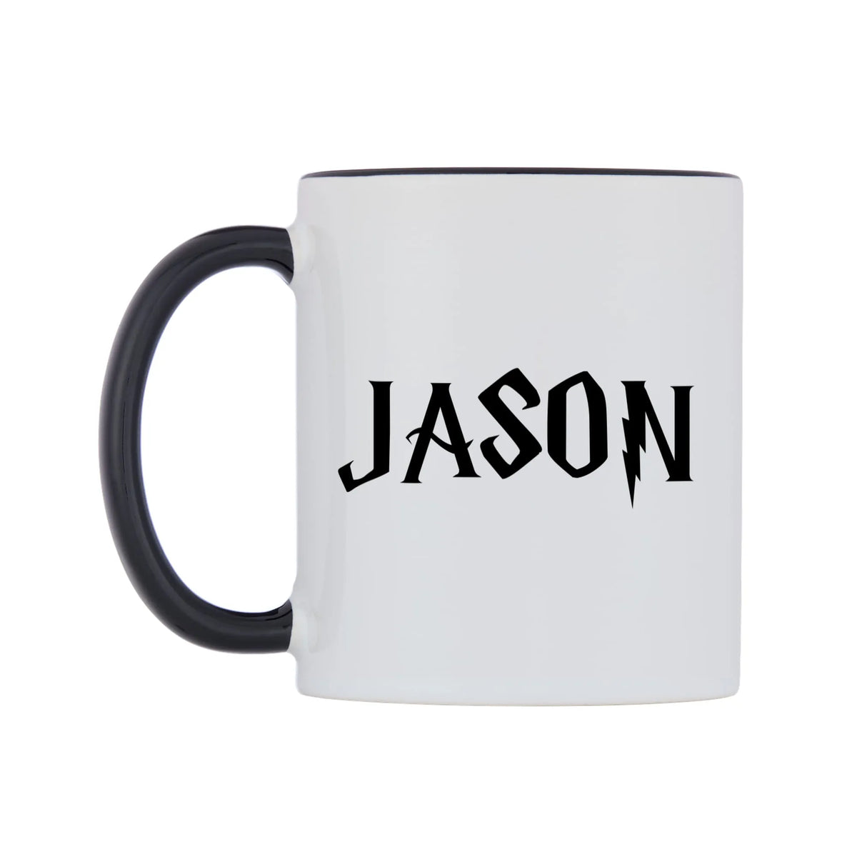 Jason - Wizard Themed Mug — white 11oz gloss mug with a black inside and handle, right side, on a white background
