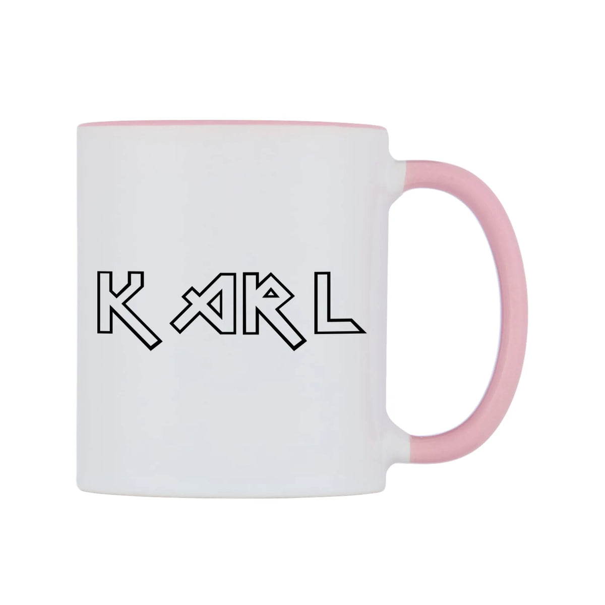 Karl - Iron Maiden Themed Mug — white 11oz gloss mug with a pink inside and handle, left side, on a white background
