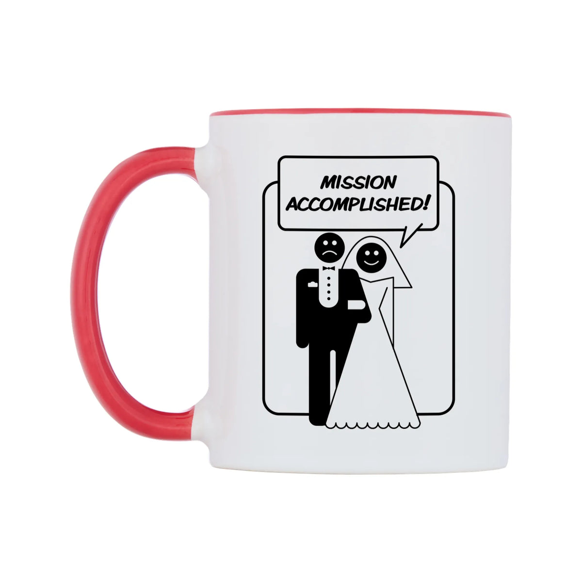 Mission Accomplished Mug — white 11oz gloss mug with a red inside and handle, right side, on a white background