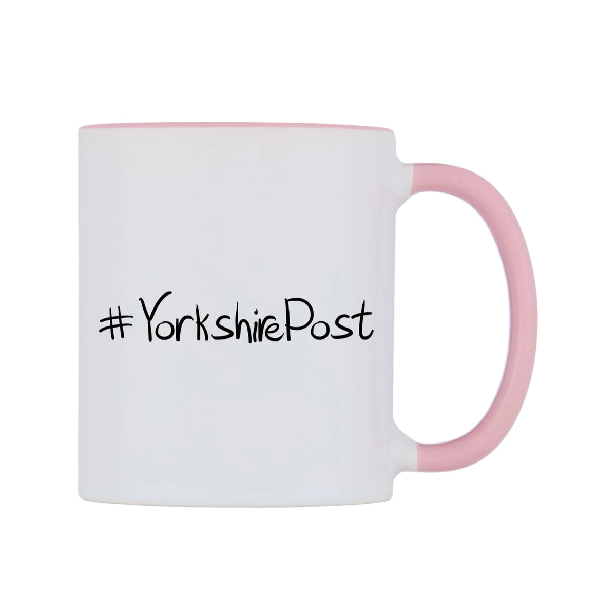YorkshirePost Mug — white 11oz gloss mug with a pink inside and handle, left side, on a white background