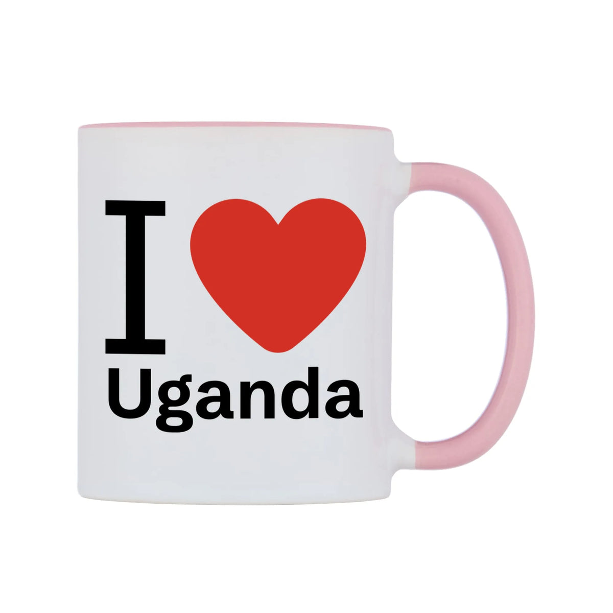 I Love Uganda Mug — white 11oz gloss mug with a pink inside and handle, left side, on a white background