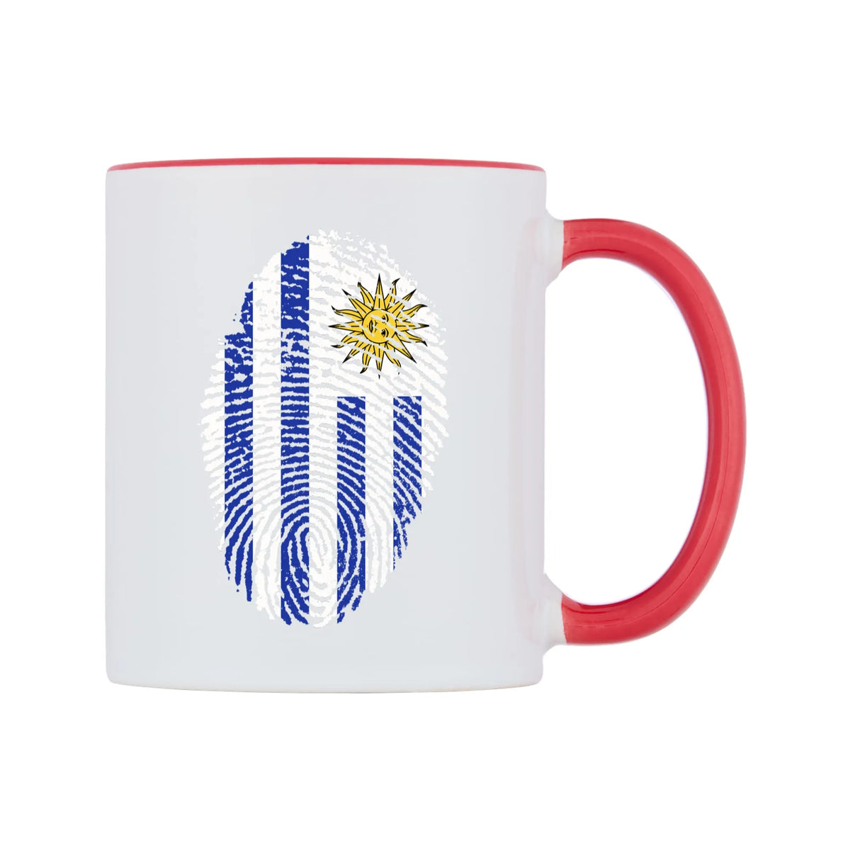 Uruguay Finger Print Flag Mug — white 11oz gloss mug with a red inside and handle, left side, on a white background