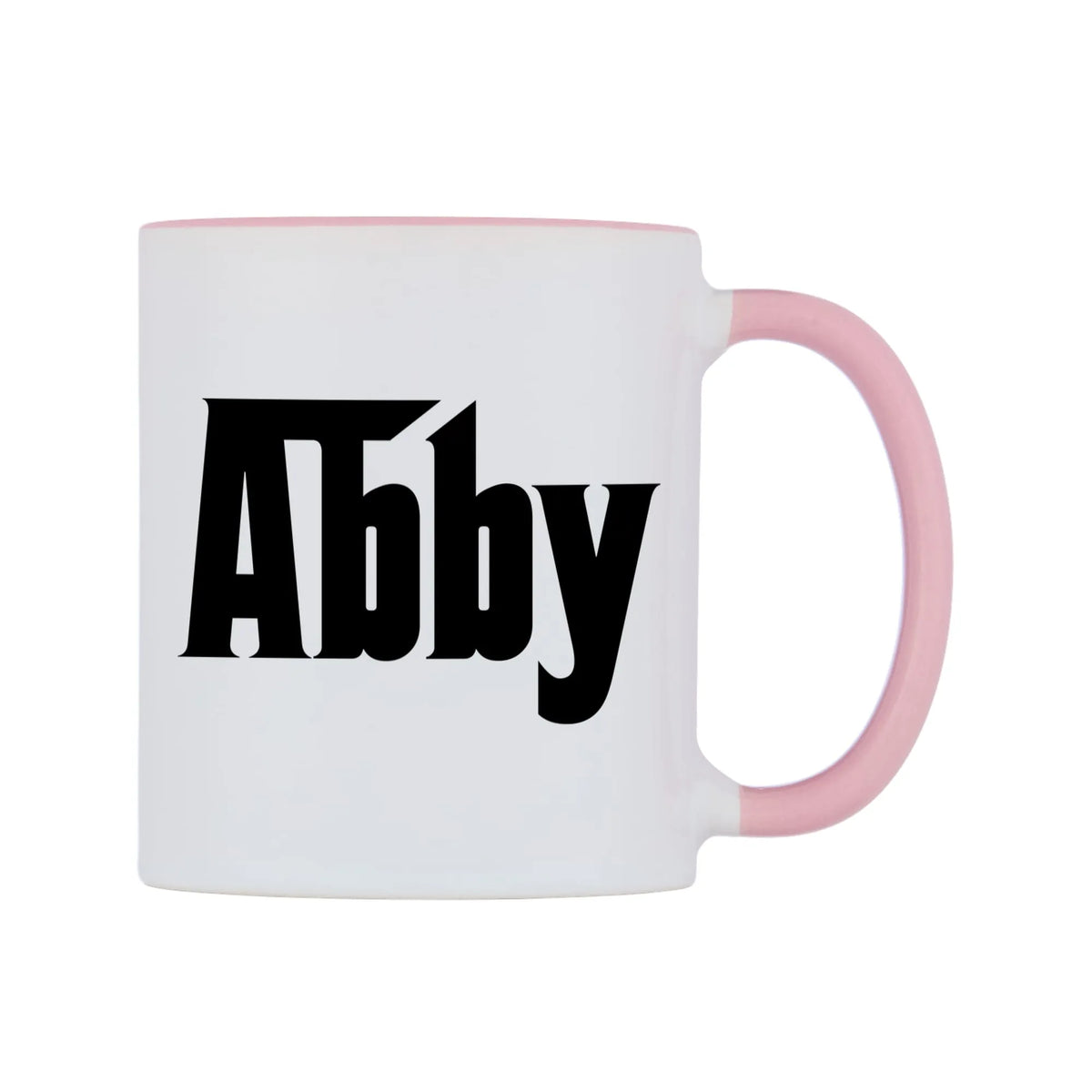 Abby - Godfather Themed Mug — white 11oz gloss mug with a pink inside and handle, left side, on a white background