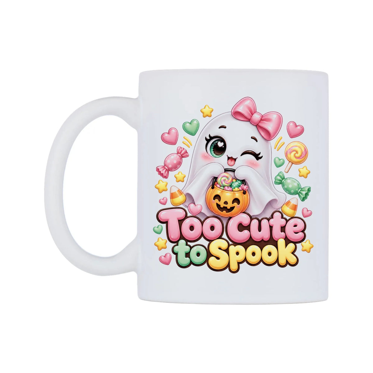 Too Cute to Spook Mug — white 11oz gloss mug, right side, on a white background