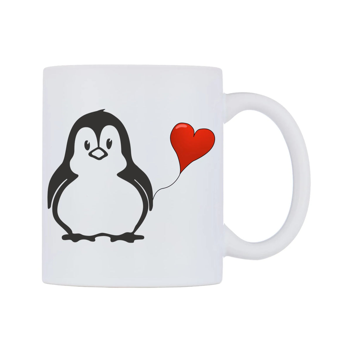 Love Heart Penguin Mug — white 11oz gloss mug, left side, on a white background