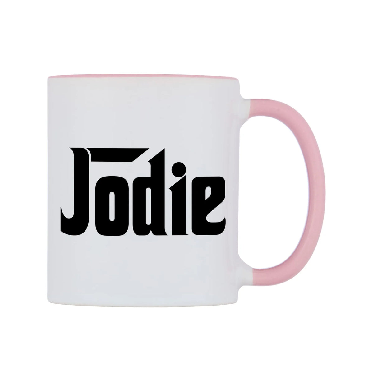 Jodie - Godfather Themed Mug — white 11oz gloss mug with a pink inside and handle, left side, on a white background