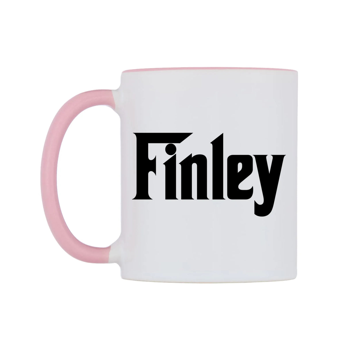 Finley - Godfather Themed Mug — white 11oz gloss mug with a pink inside and handle, right side, on a white background