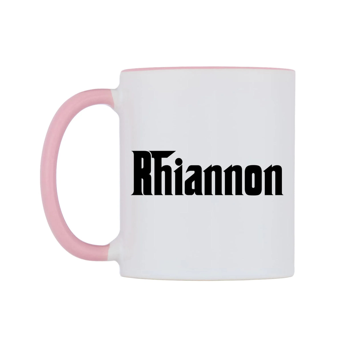 Rhiannon - Godfather Themed Mug — white 11oz gloss mug with a pink inside and handle, right side, on a white background