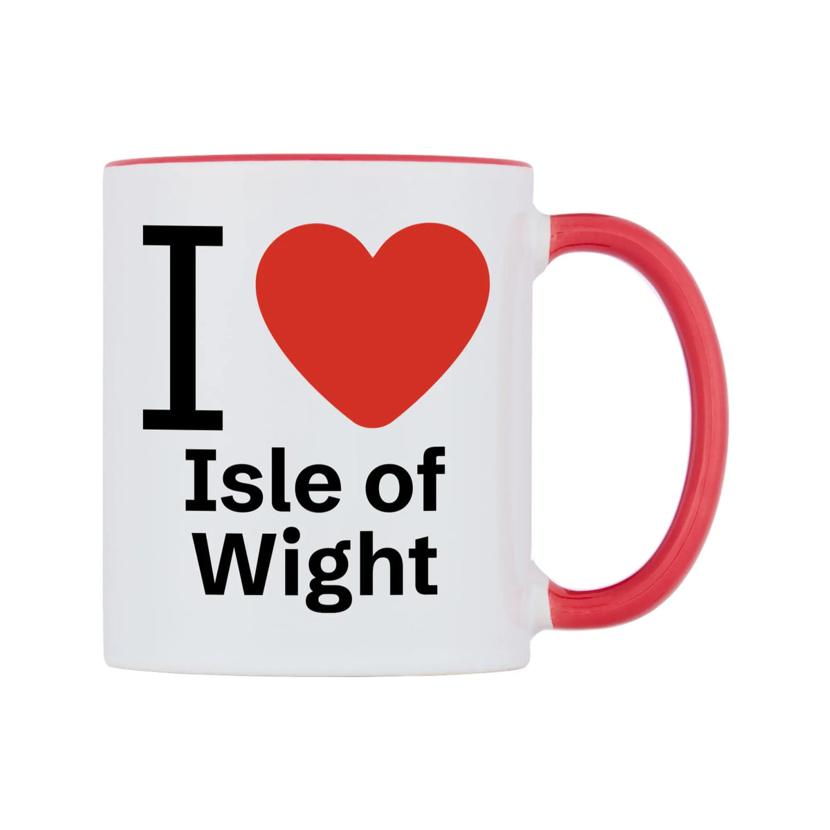 I Love Isle of Wight Mug — white 11oz gloss mug with a red inside and handle, left side, on a white background