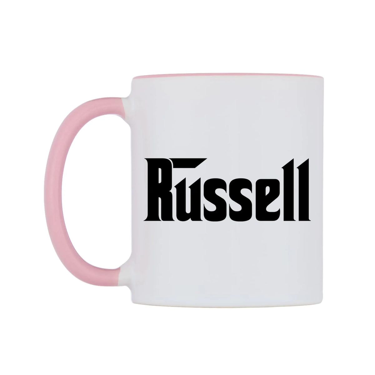 Russell - Godfather Themed Mug — white 11oz gloss mug with a pink inside and handle, right side, on a white background