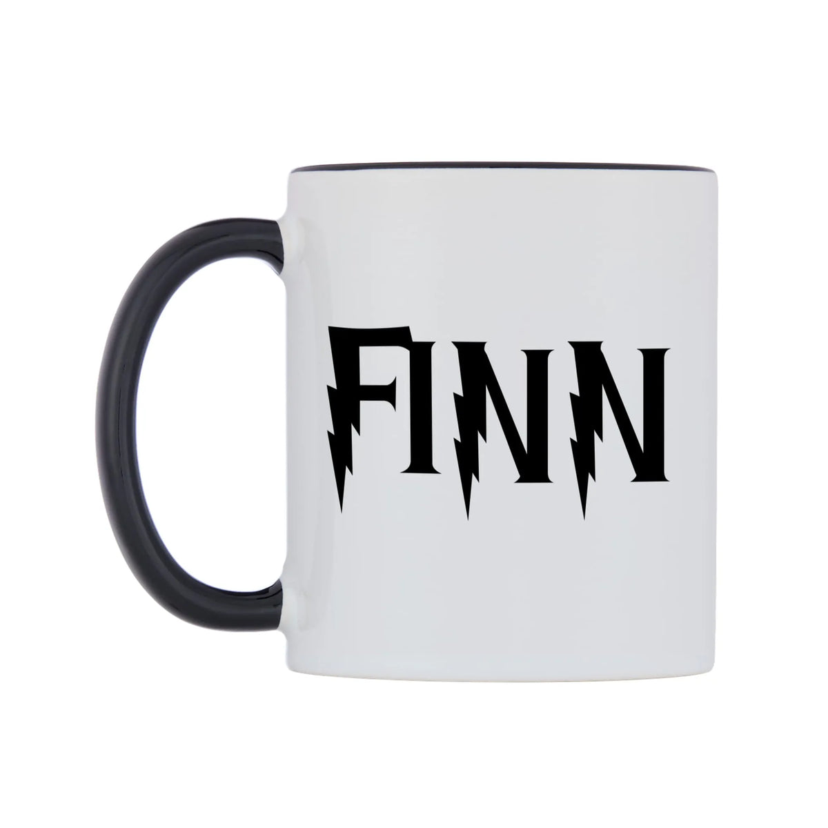 Finn - Wizard Themed Mug — white 11oz gloss mug with a black inside and handle, right side, on a white background
