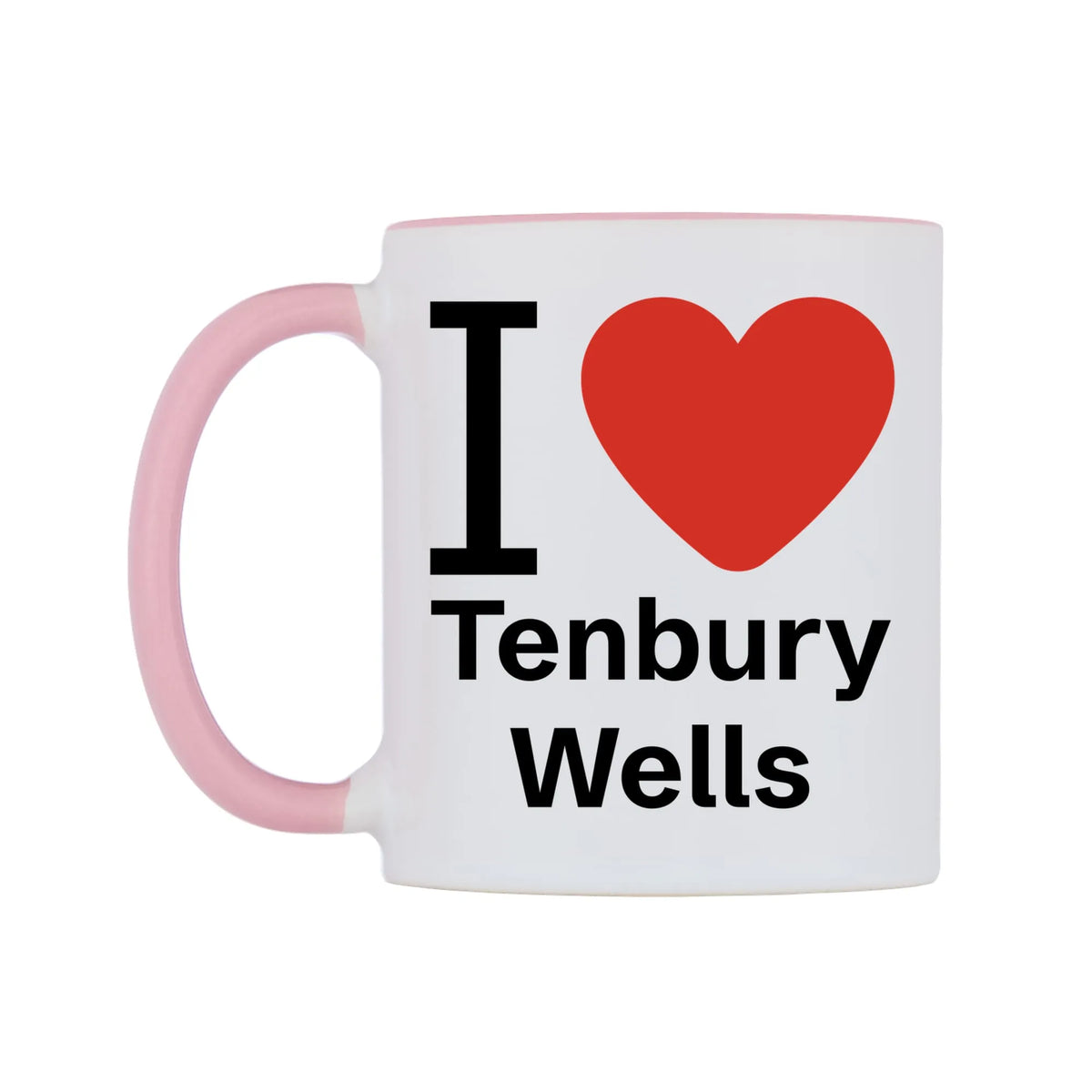 I Love Tenbury Wells Mug — white 11oz gloss mug with a pink inside and handle, right side, on a white background