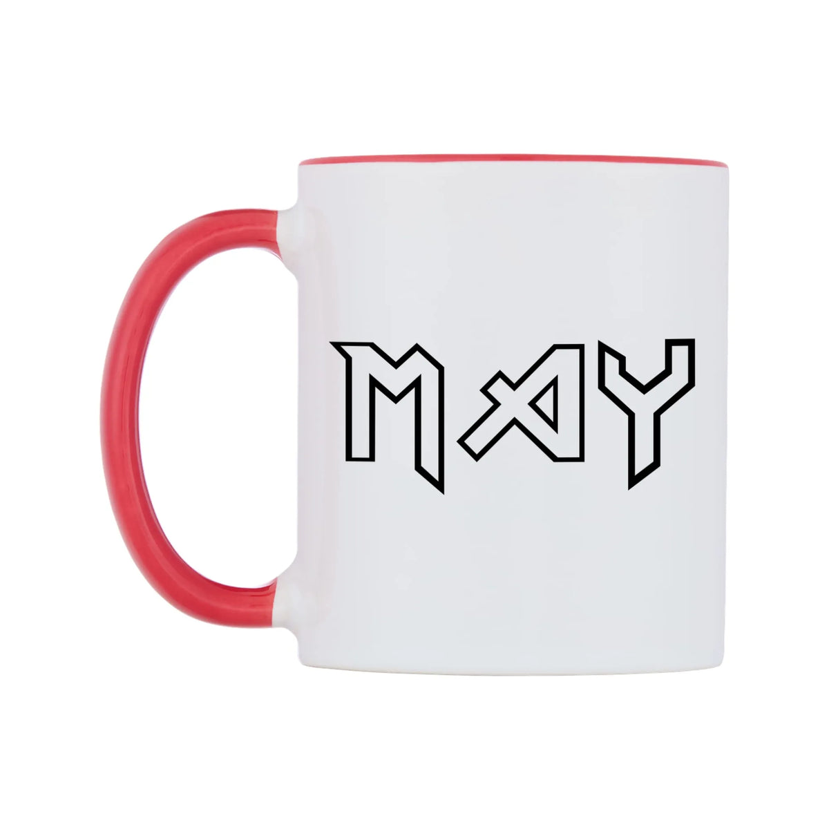 May - Iron Maiden Themed Mug — white 11oz gloss mug with a red inside and handle, right side, on a white background