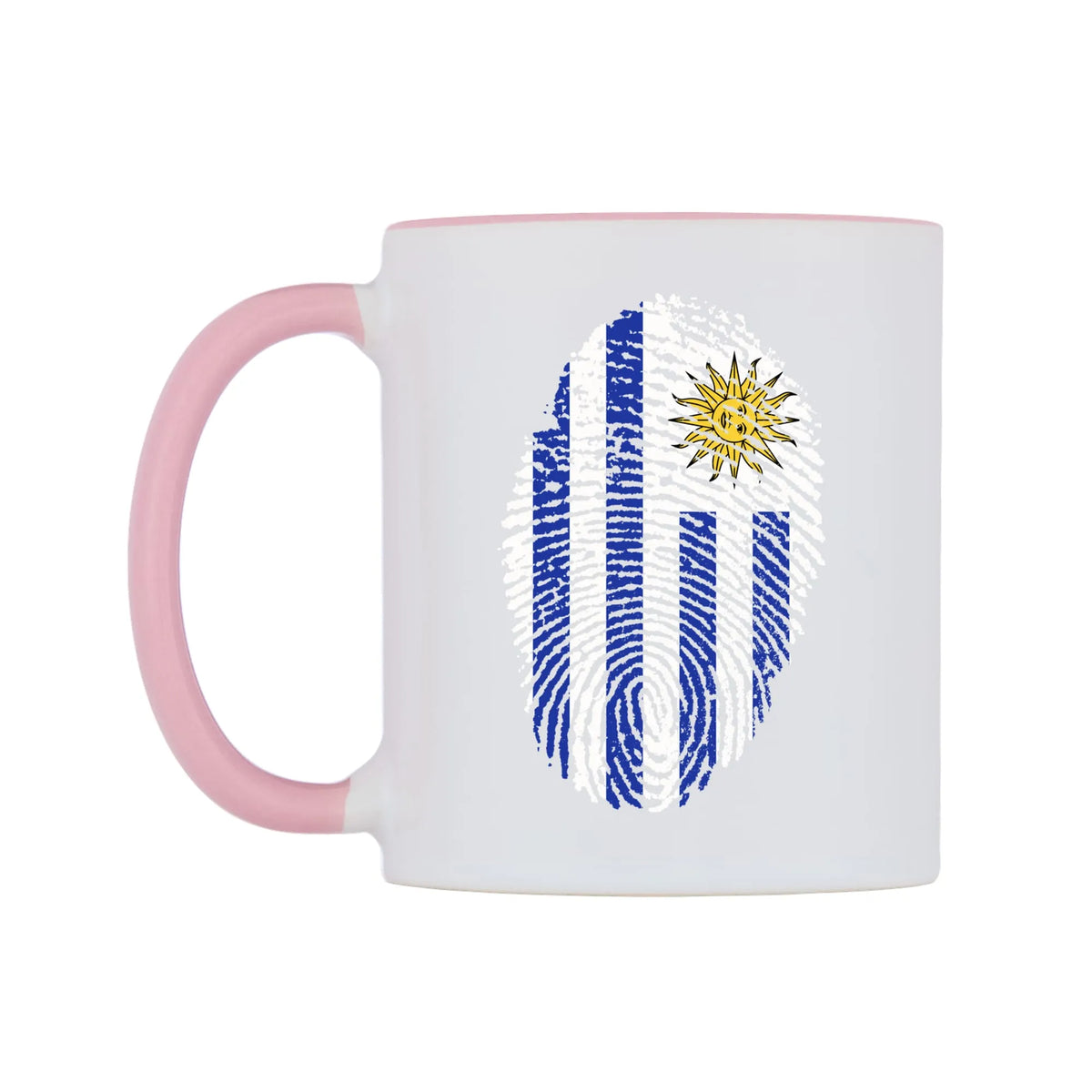 Uruguay Finger Print Flag Mug — white 11oz gloss mug with a pink inside and handle, right side, on a white background
