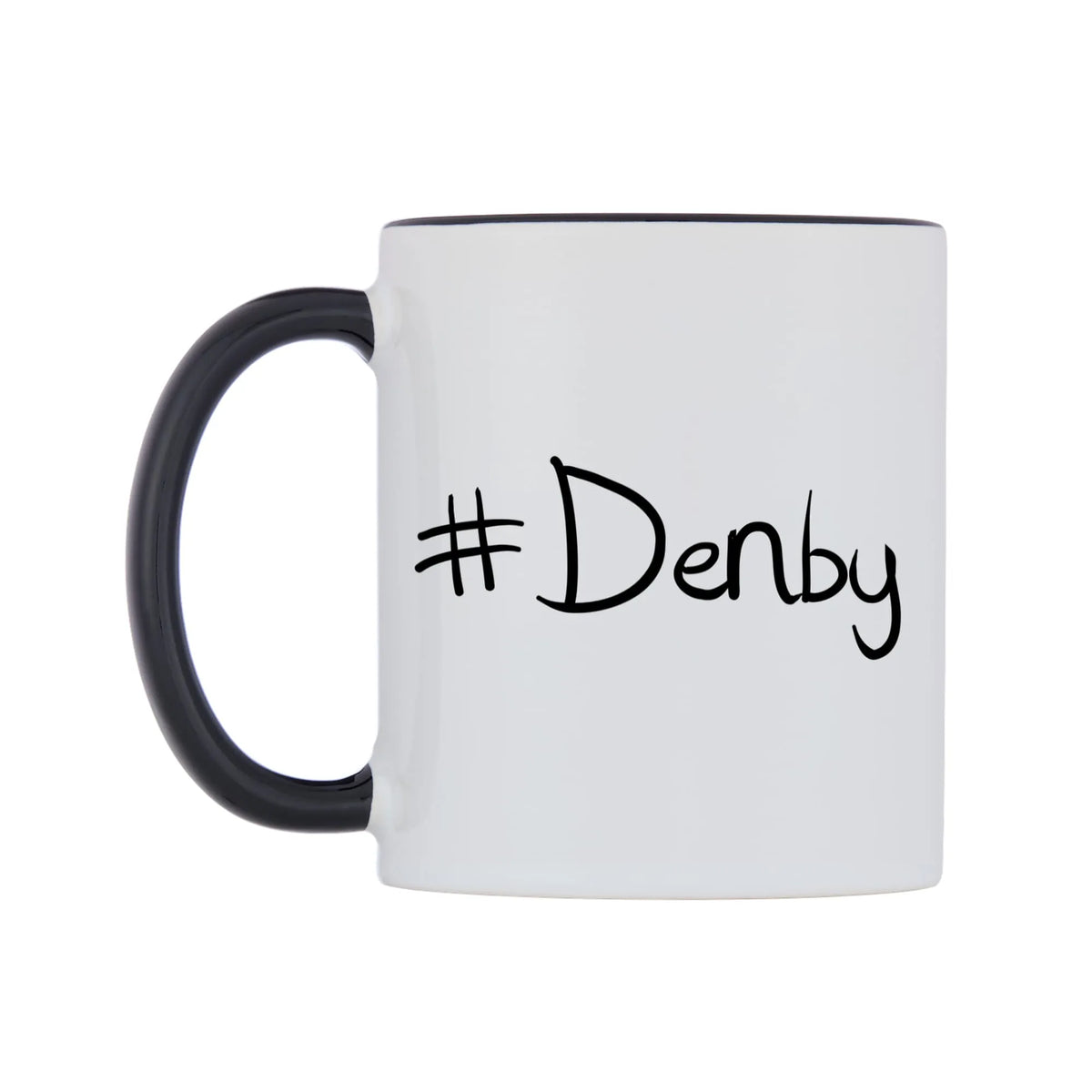 Denby Mug — white 11oz gloss mug with a black inside and handle, right side, on a white background