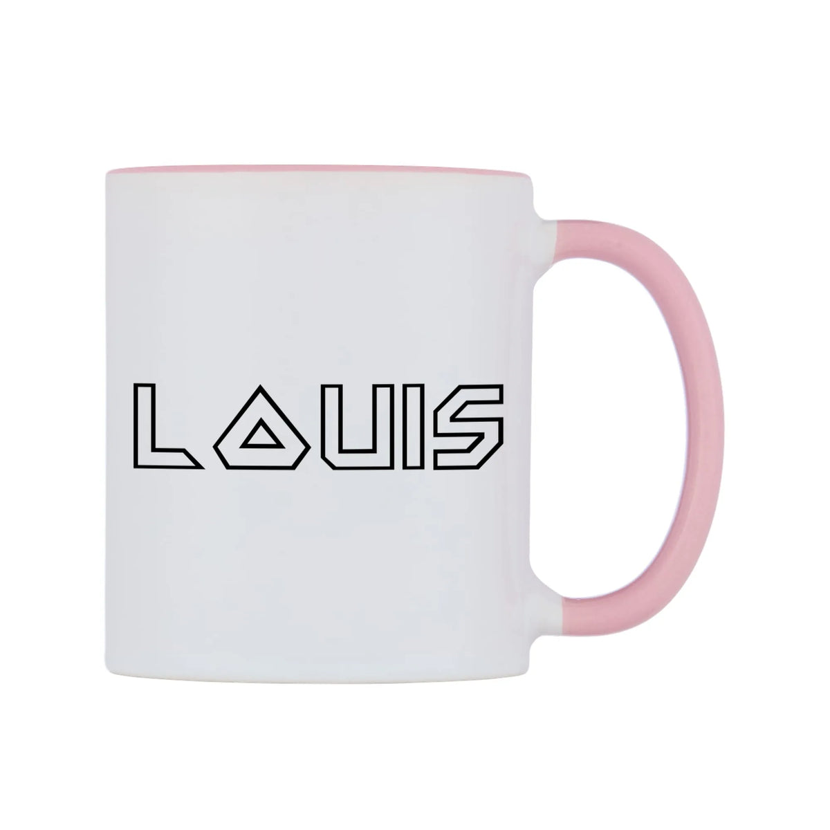 Louis - Iron Maiden Themed Mug — white 11oz gloss mug with a pink inside and handle, left side, on a white background