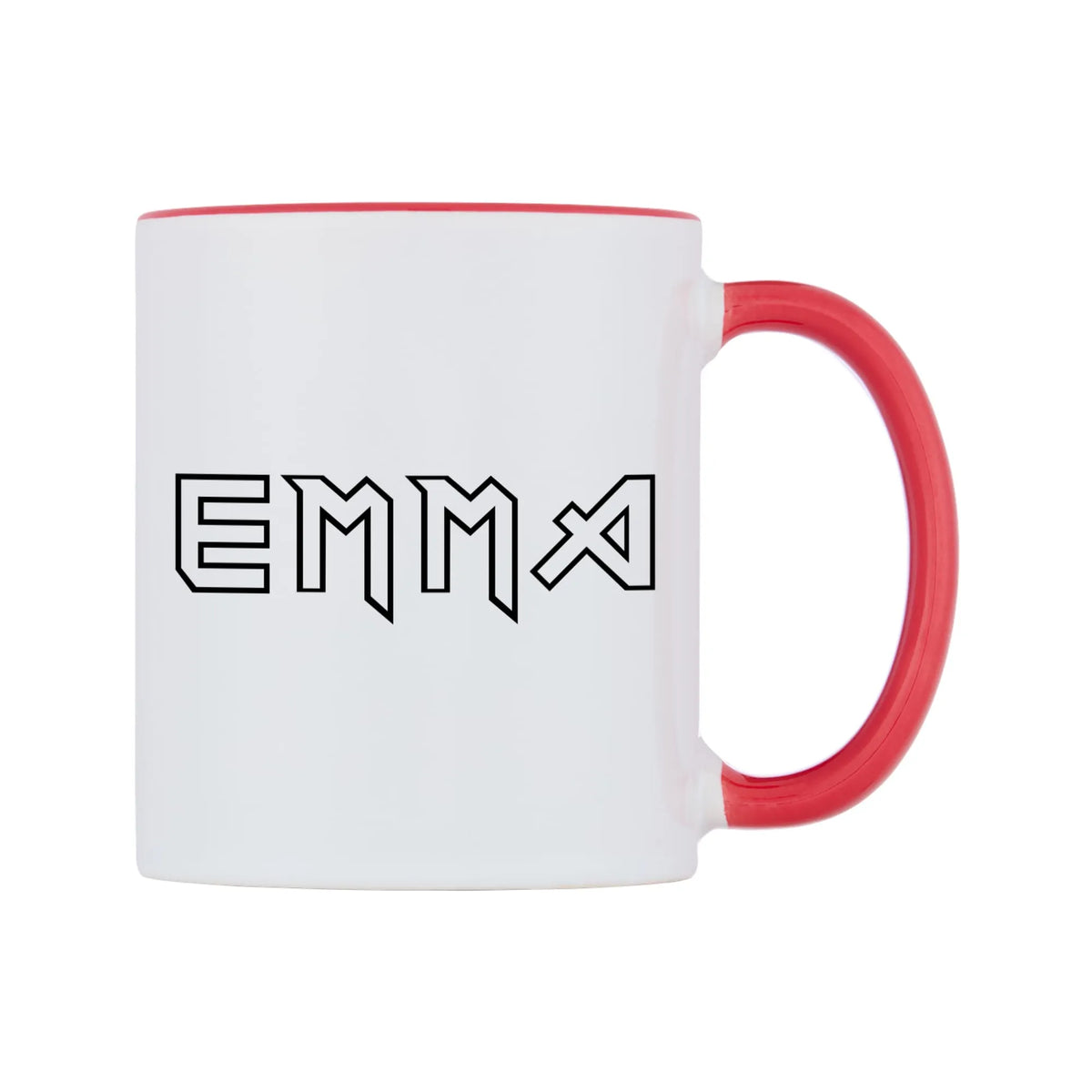 Emma - Iron Maiden Themed Mug — white 11oz gloss mug with a red inside and handle, left side, on a white background