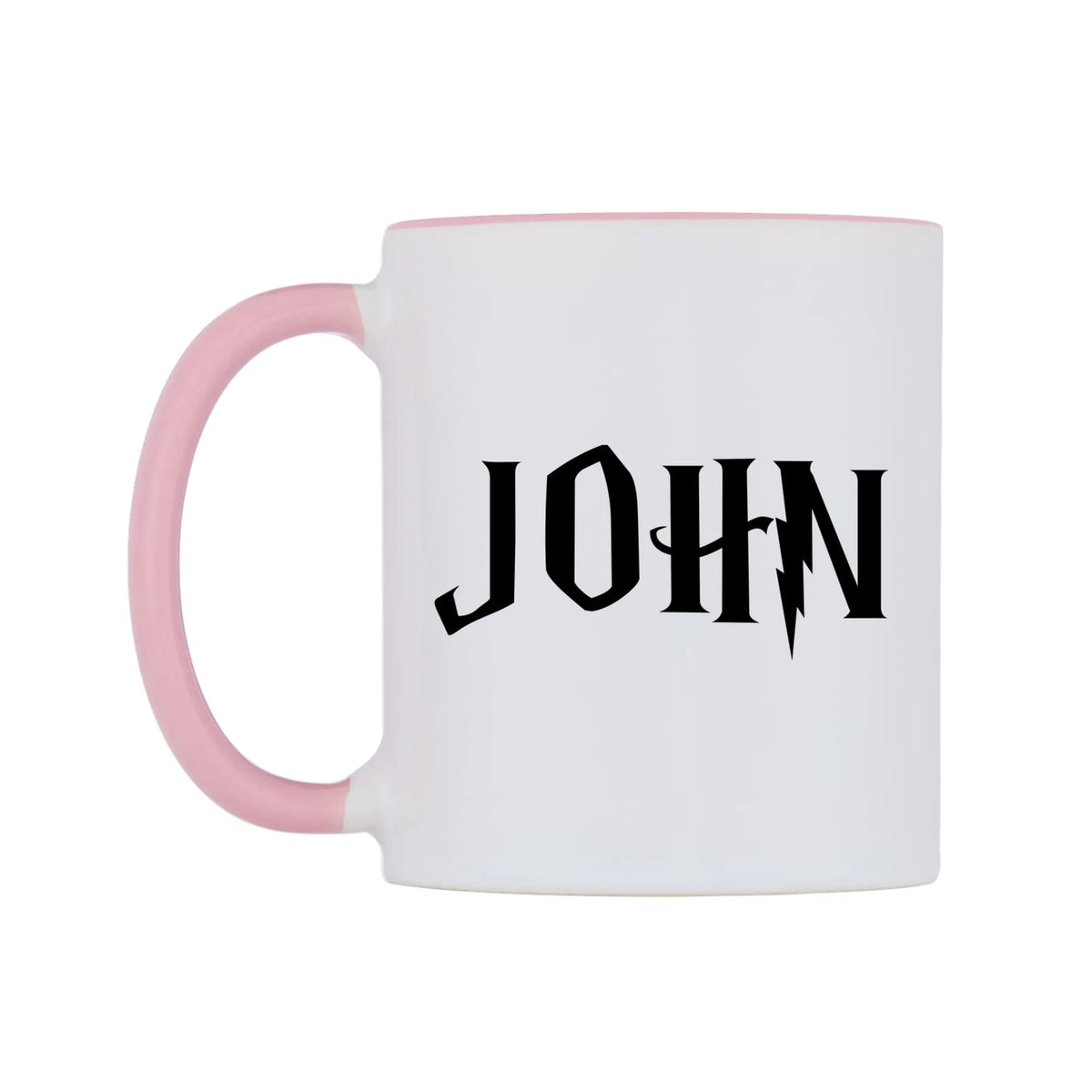 John - Wizard Themed Mug — white 11oz gloss mug with a pink inside and handle, right side, on a white background