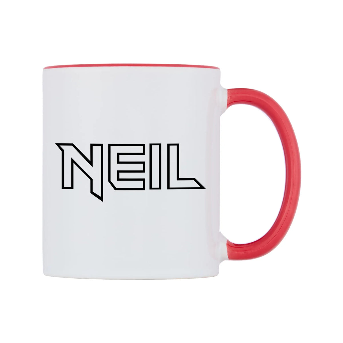 Neil - Iron Maiden Themed Mug — white 11oz gloss mug with a red inside and handle, left side, on a white background