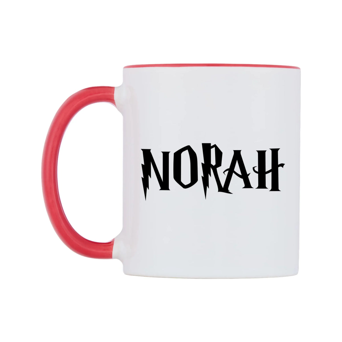 Norah - Wizard Themed Mug — white 11oz gloss mug with a red inside and handle, right side, on a white background