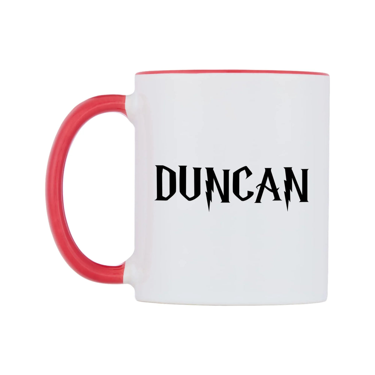 Duncan - Wizard Themed Mug — white 11oz gloss mug with a red inside and handle, right side, on a white background