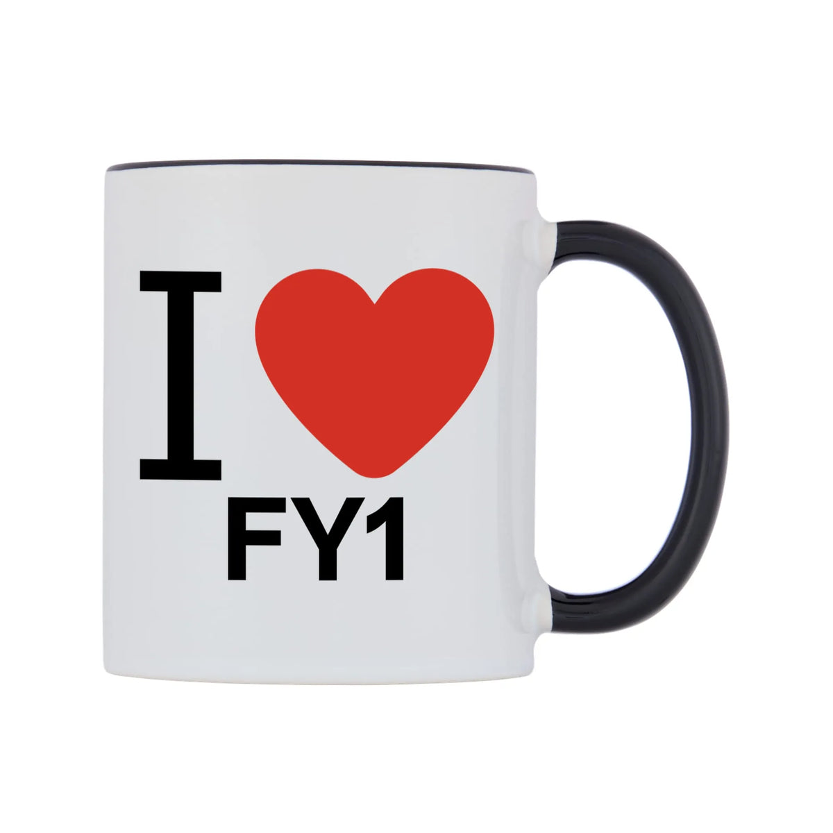 I Love FY1 Mug — white 11oz gloss mug with a black inside and handle, left side, on a white background