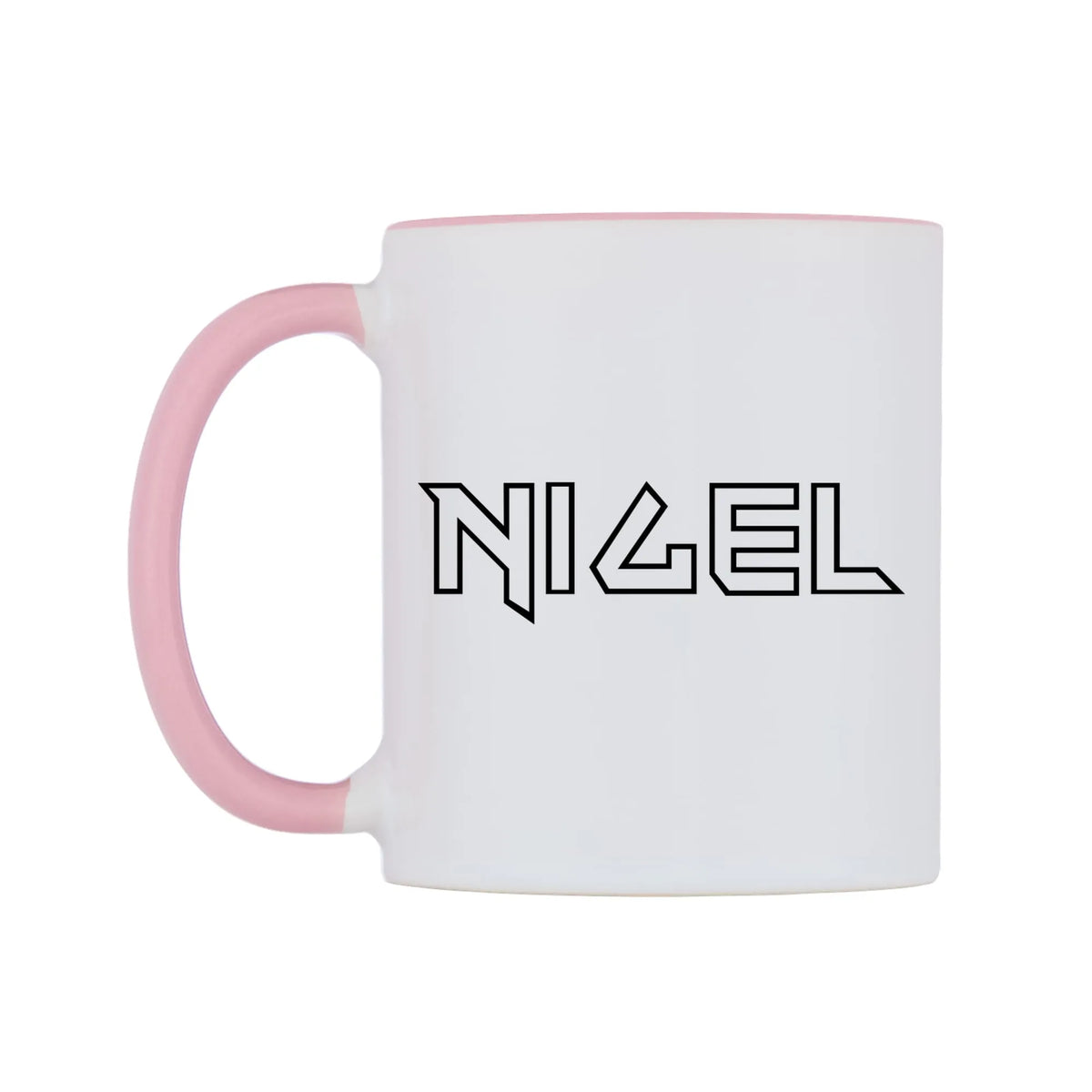 Nigel - Iron Maiden Themed Mug — white 11oz gloss mug with a pink inside and handle, right side, on a white background