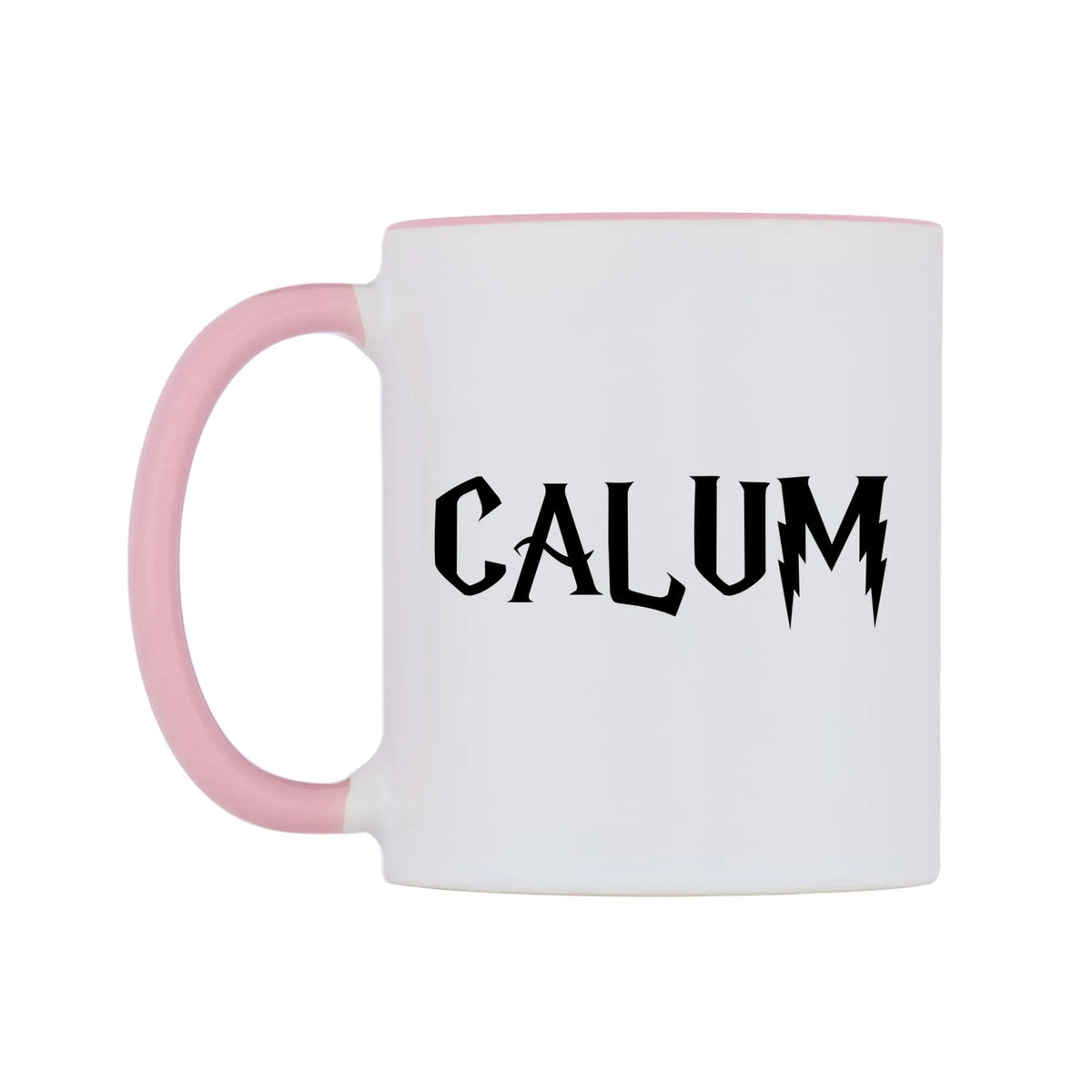 Calum - Wizard Themed Mug — white 11oz gloss mug with a pink inside and handle, right side, on a white background