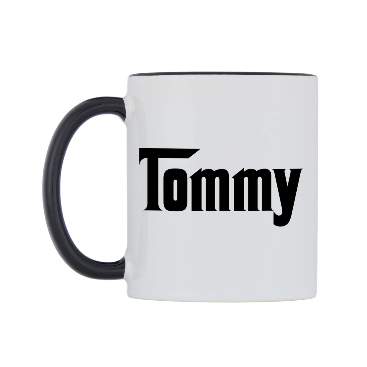 Tommy - Godfather Themed Mug — white 11oz gloss mug with a black inside and handle, right side, on a white background