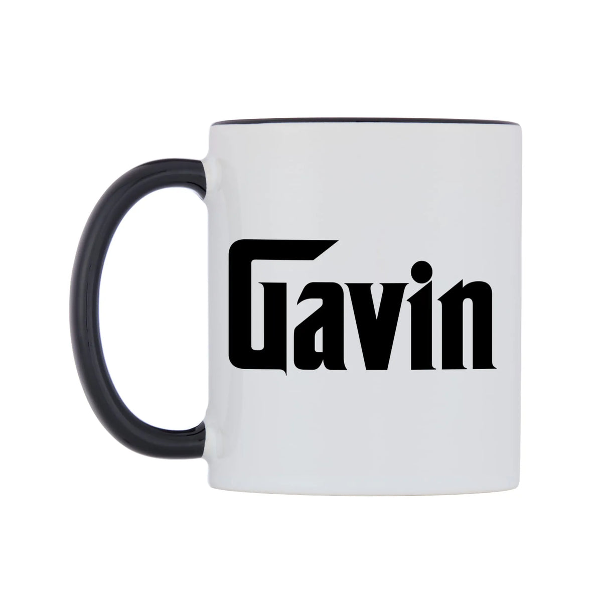 Gavin - Godfather Themed Mug — white 11oz gloss mug with a black inside and handle, right side, on a white background
