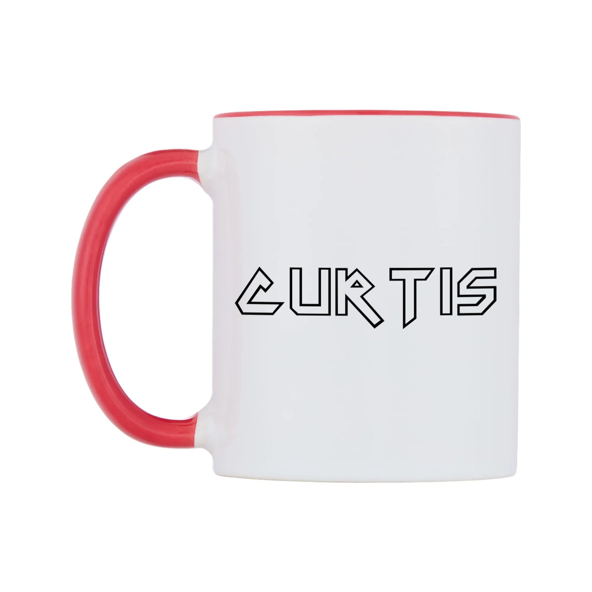 Curtis - Iron Maiden Themed Mug — white 11oz gloss mug with a red inside and handle, right side, on a white background