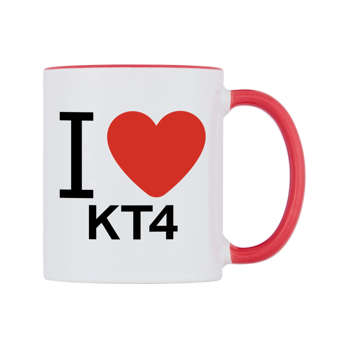 I Love KT4 Mug — white 11oz gloss mug with a red inside and handle, left side, on a white background