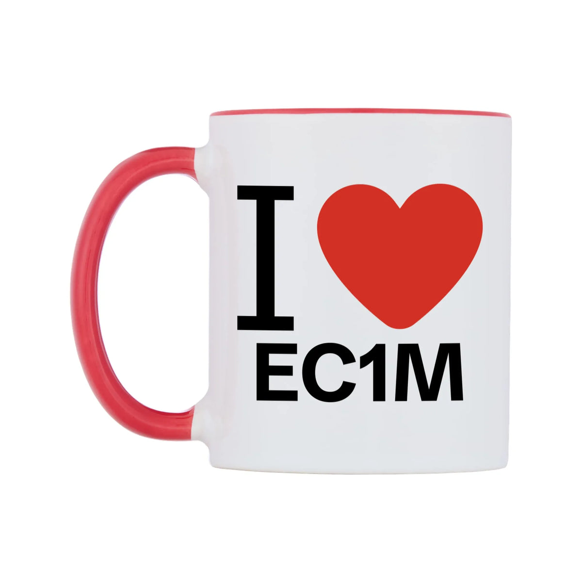 I Love EC1M Mug — white 11oz gloss mug with a red inside and handle, right side, on a white background