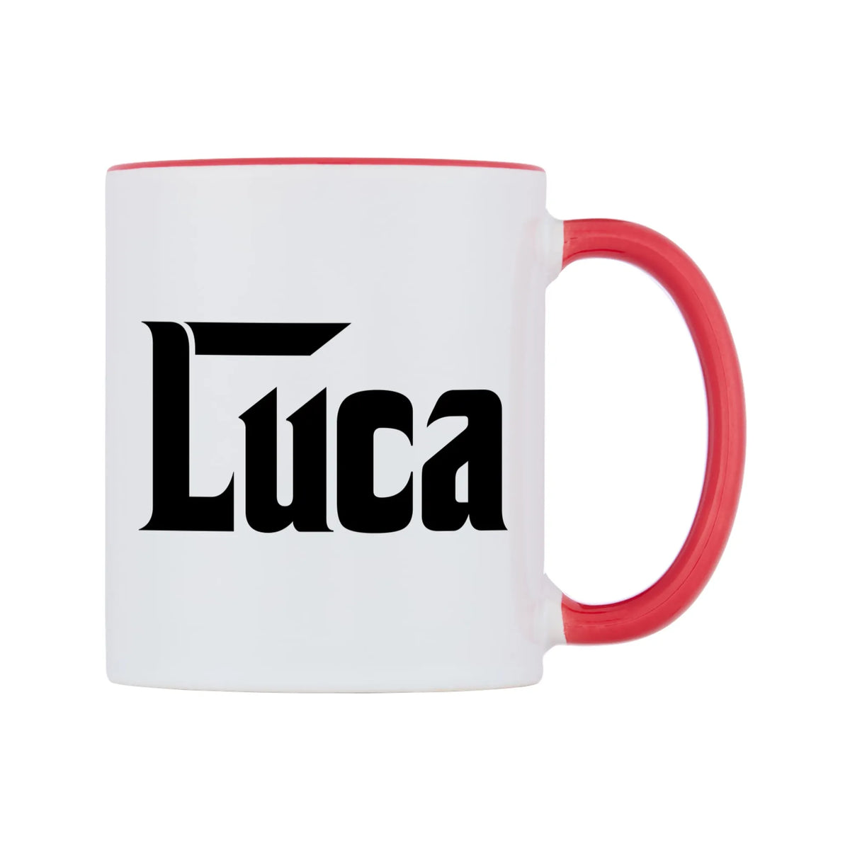 Luca - Godfather Themed Mug — white 11oz gloss mug with a red inside and handle, left side, on a white background