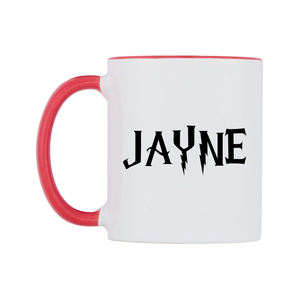 Jayne - Wizard Themed Mug — white 11oz gloss mug with a red inside and handle, right side, on a white background