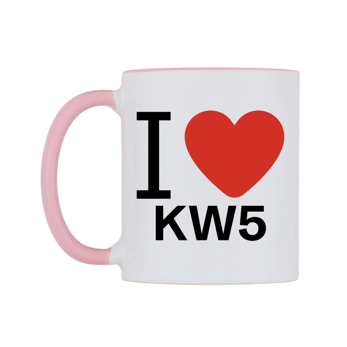 I Love KW5 Mug — white 11oz gloss mug with a pink inside and handle, right side, on a white background