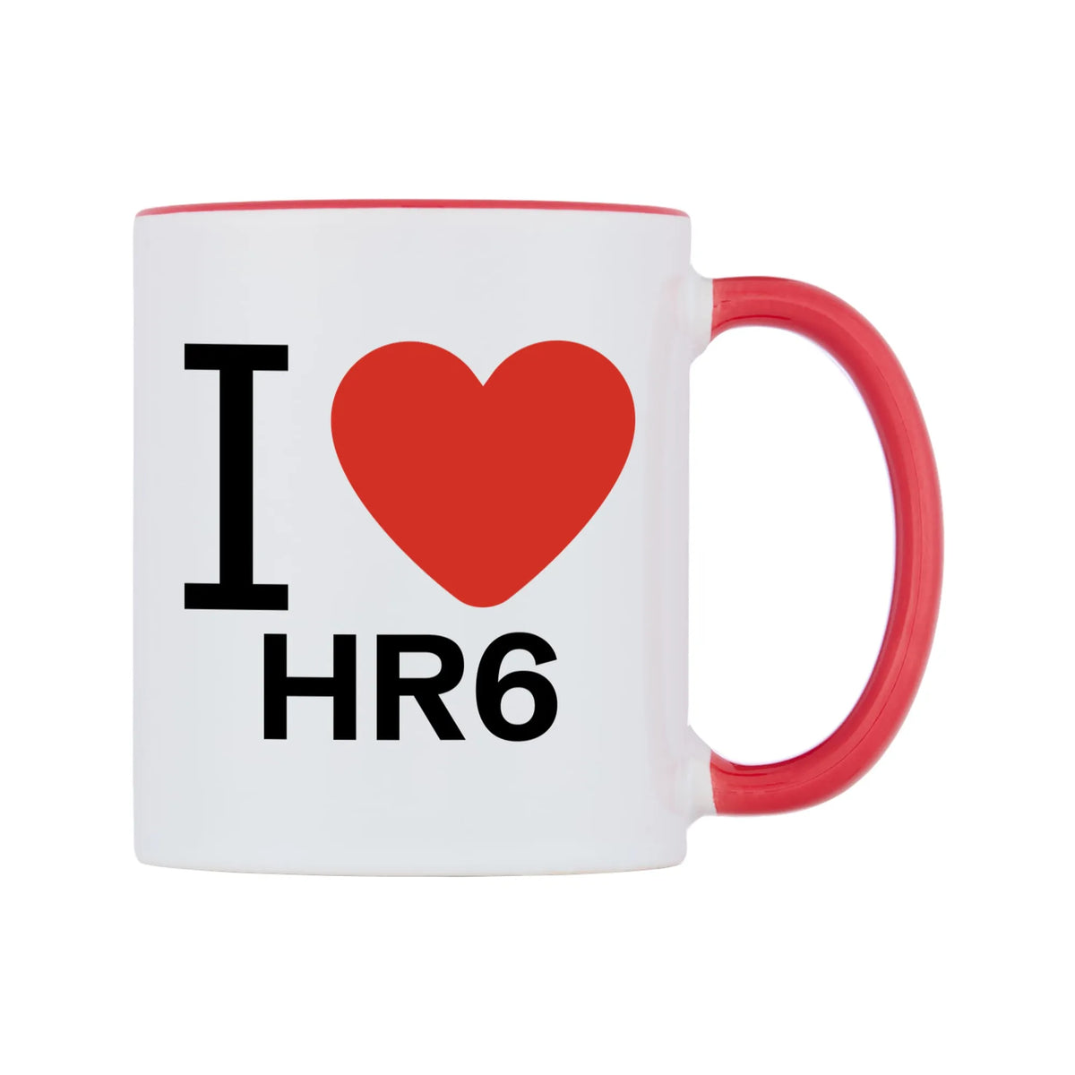 I Love HR6 Mug — white 11oz gloss mug with a red inside and handle, left side, on a white background