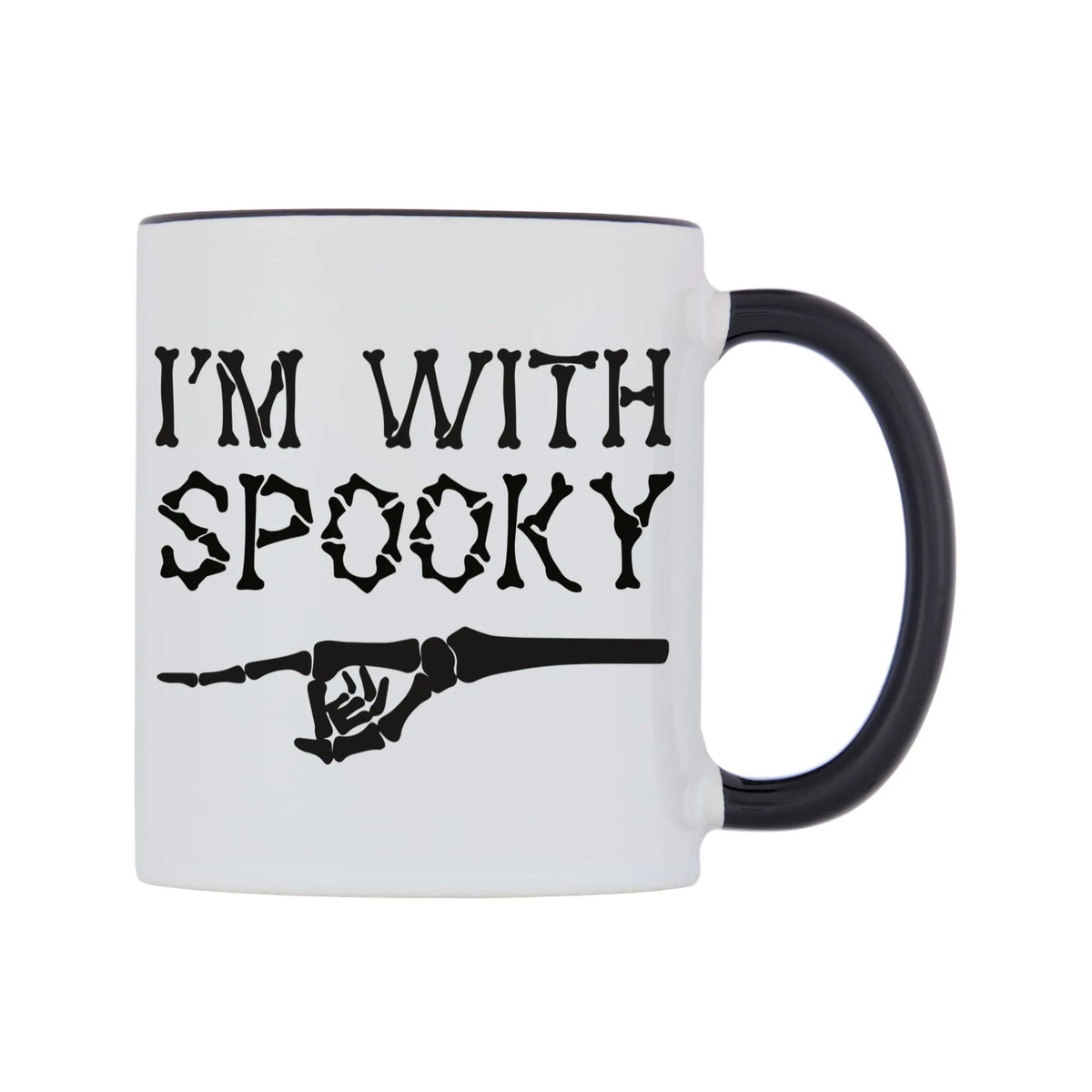 I'm With Spooky Mug — white 11oz gloss mug with a black inside and handle, left side, on a white background