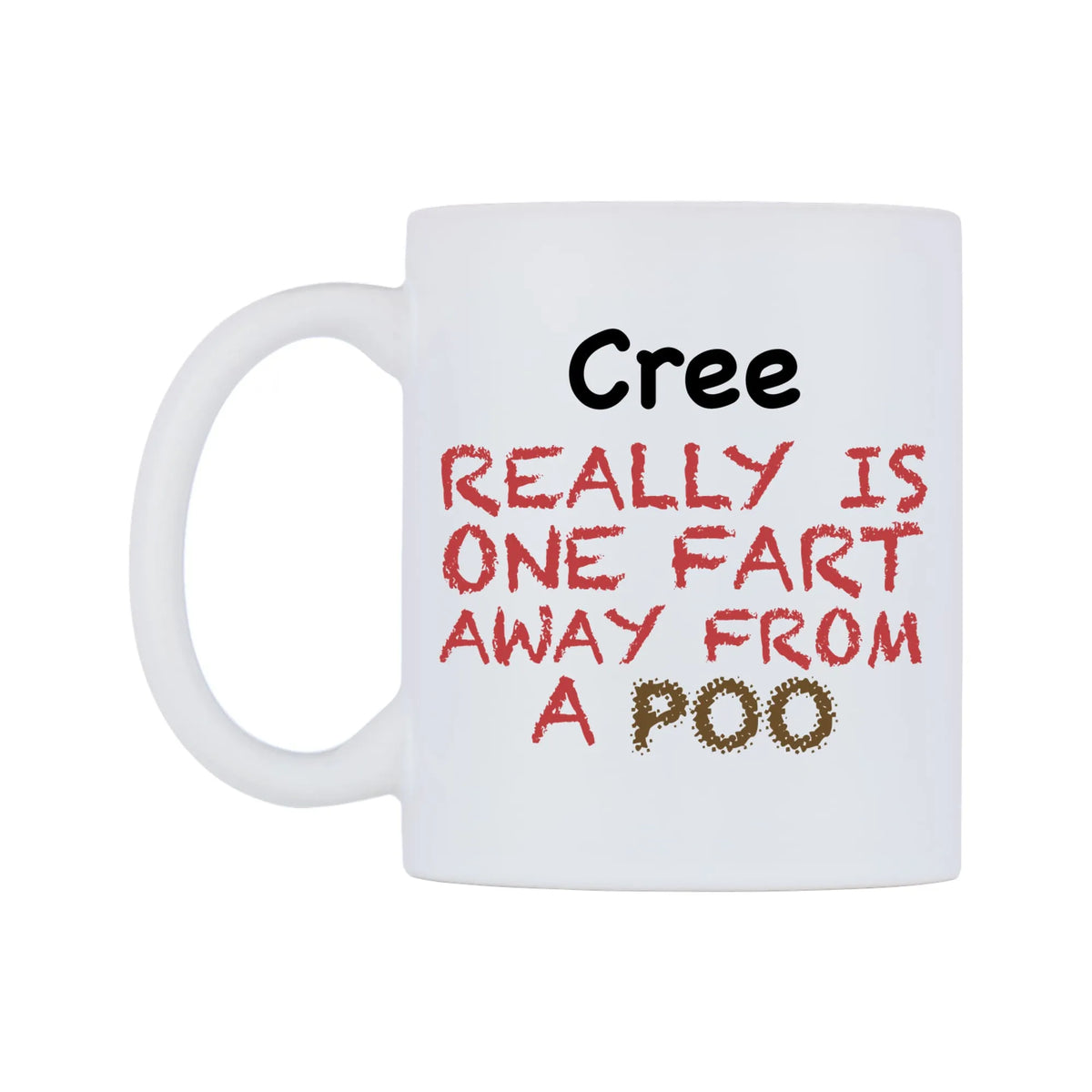 Cree Really is ONE Fart Away from A Poo Mug — mug, right side, on a white background