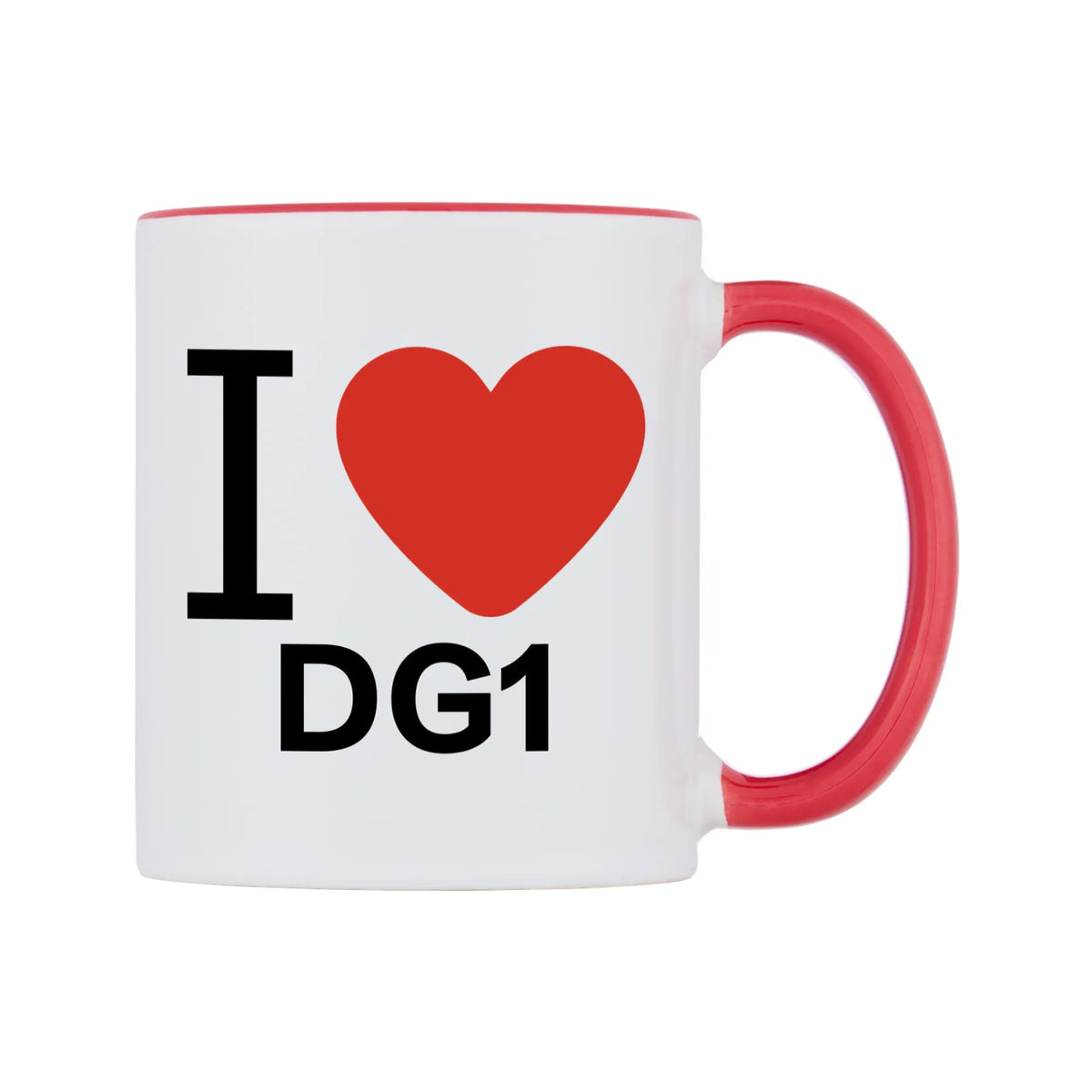 I Love DG1 Mug — white 11oz gloss mug with a red inside and handle, left side, on a white background