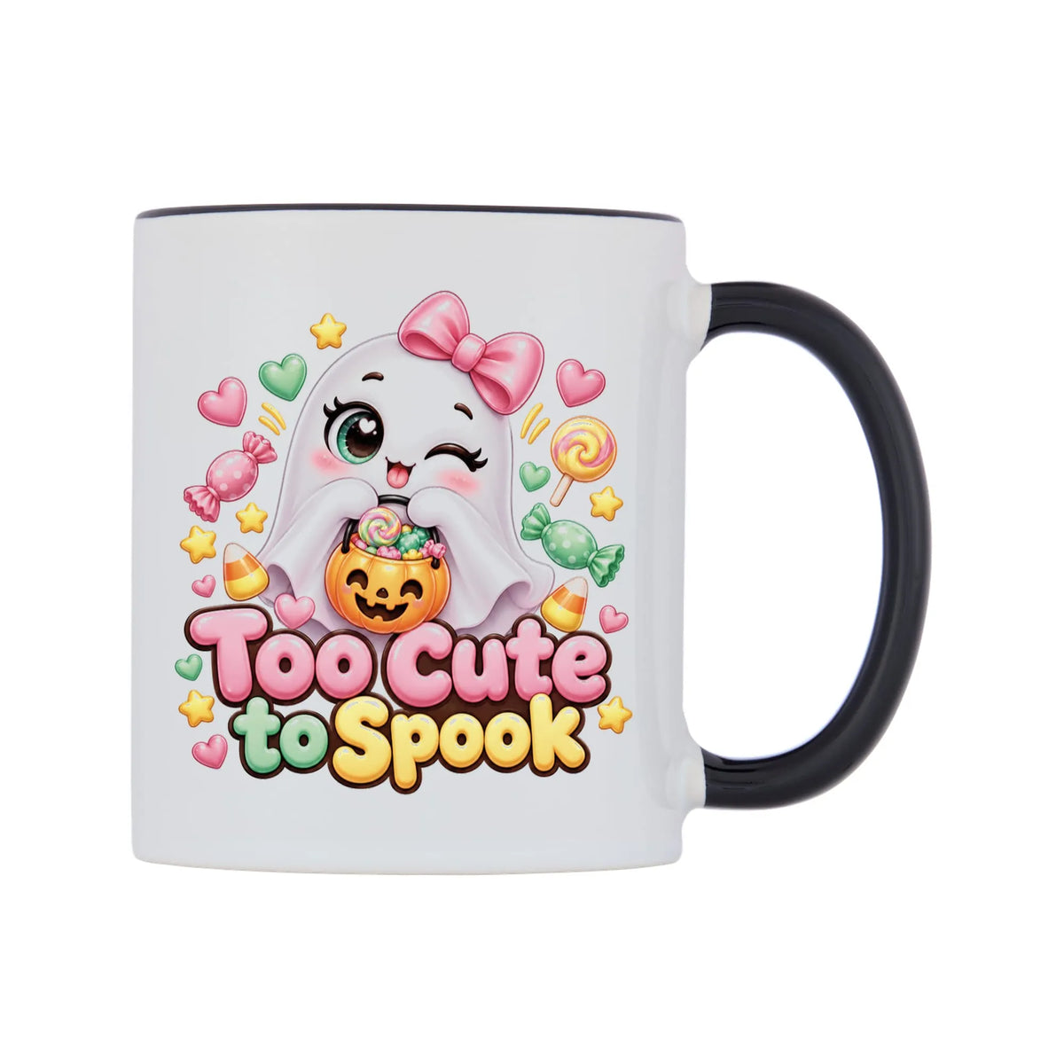 Too Cute to Spook Mug — white 11oz gloss mug with a black inside and handle, left side, on a white background