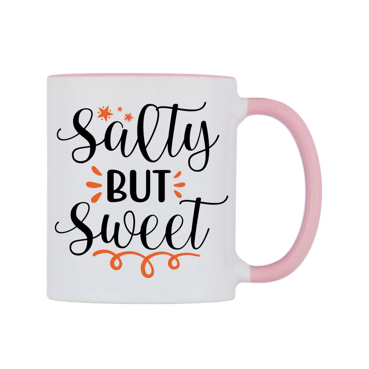 Salty but sweet Mug — white 11oz gloss mug with a pink inside and handle, left side, on a white background