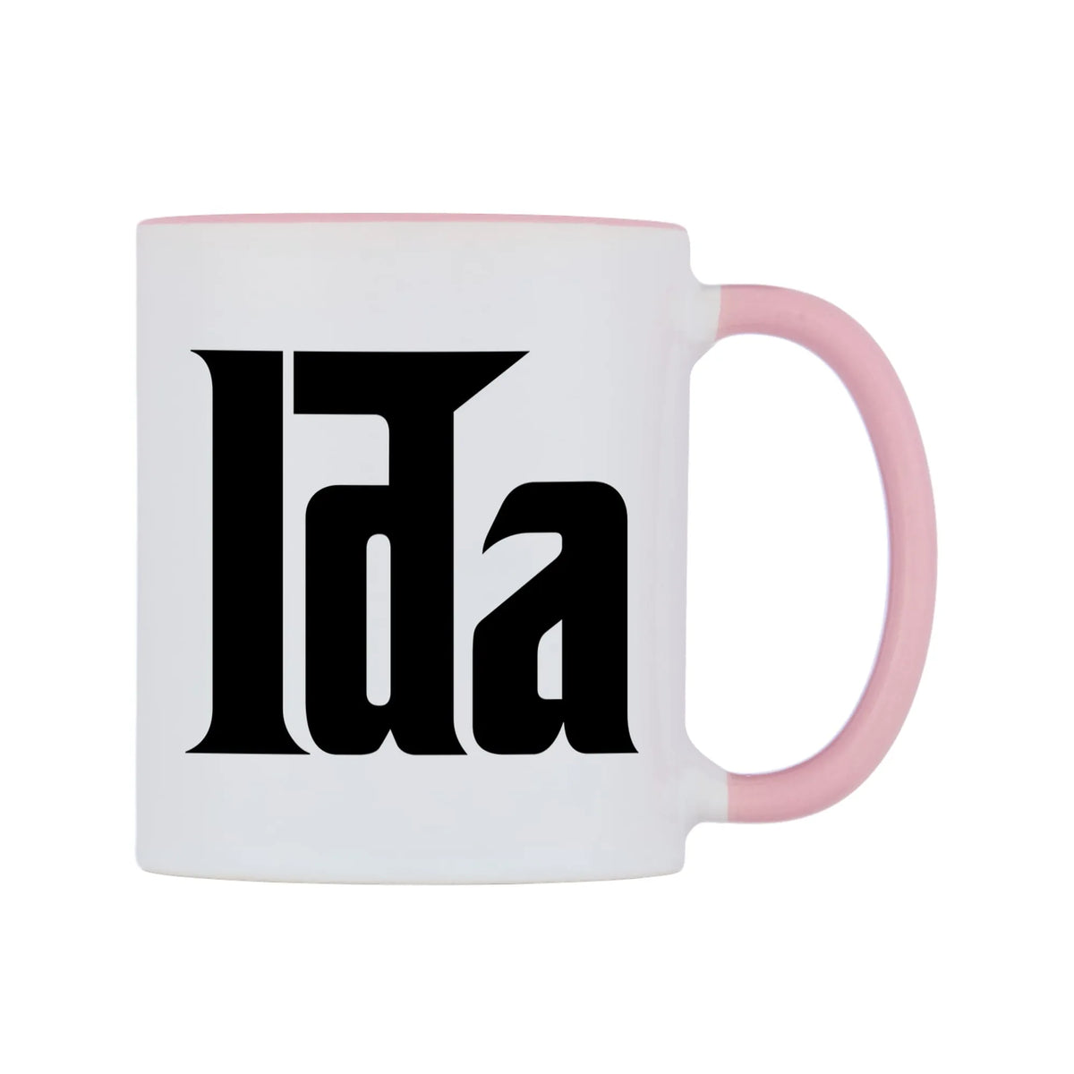 Ida - Godfather Themed Mug — white 11oz gloss mug with a pink inside and handle, left side, on a white background