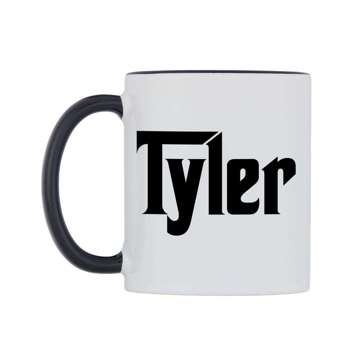 Tyler - Godfather Themed Mug — white 11oz gloss mug with a black inside and handle, right side, on a white background