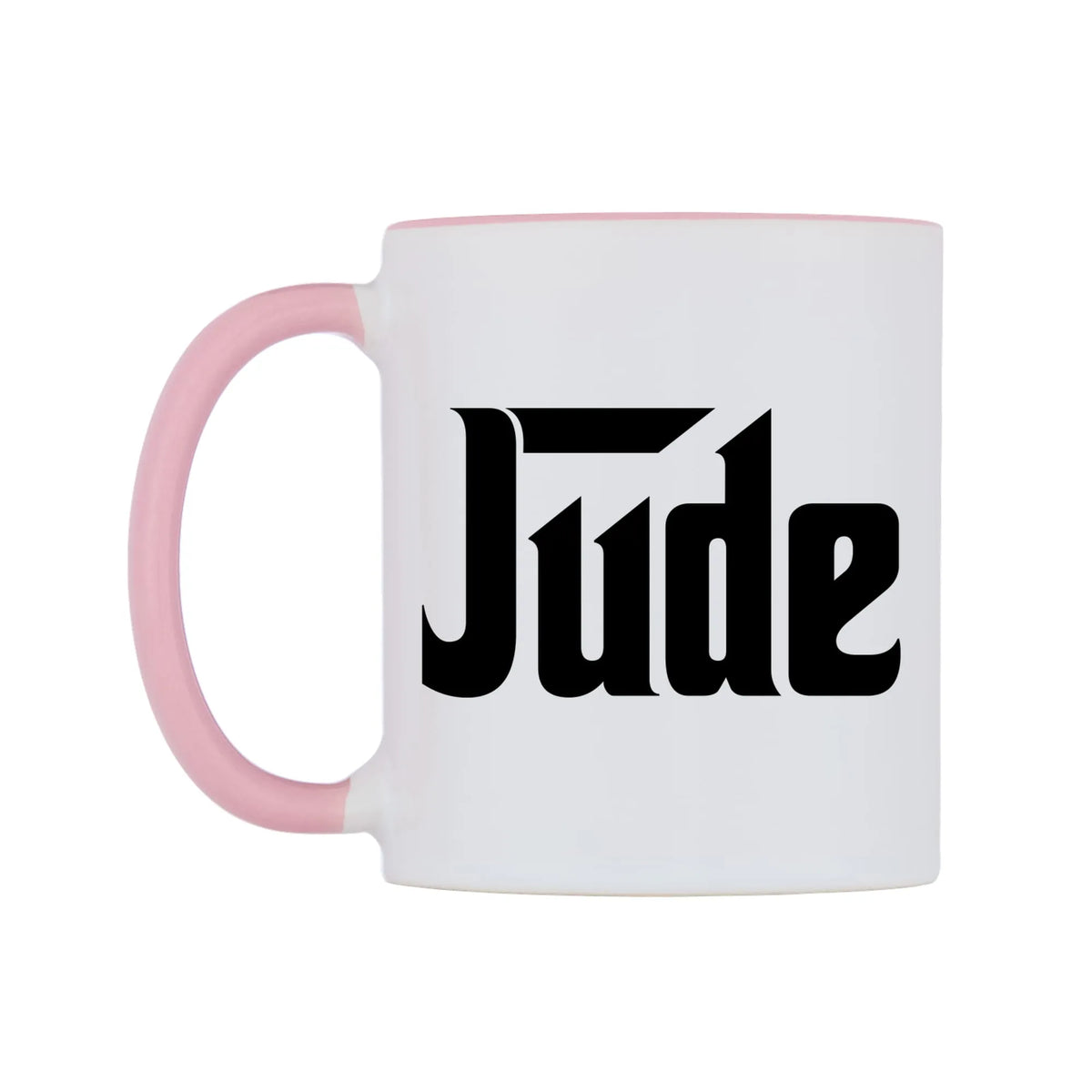 Jude - Godfather Themed Mug — white 11oz gloss mug with a pink inside and handle, right side, on a white background