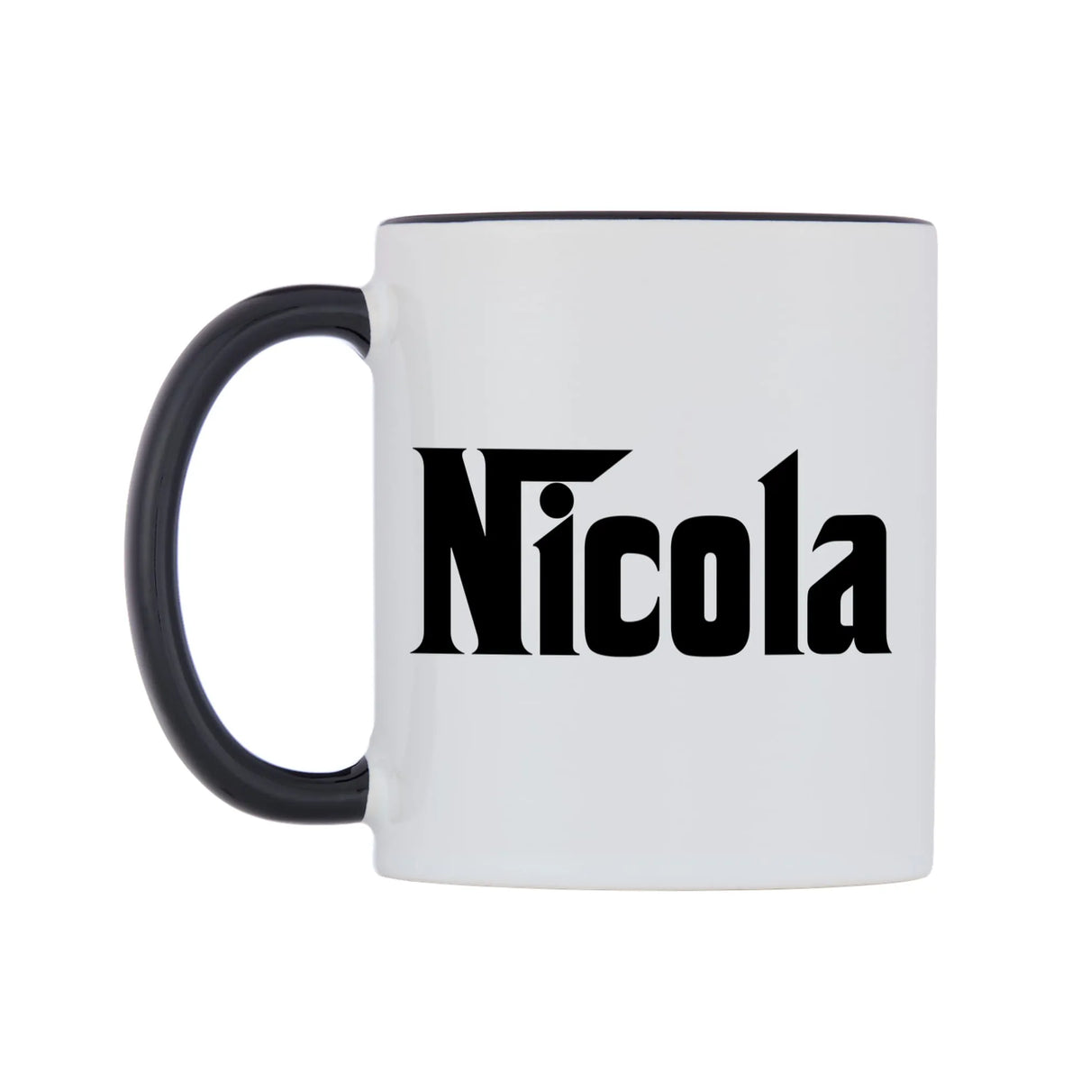 Nicola - Godfather Themed Mug — white 11oz gloss mug with a black inside and handle, right side, on a white background